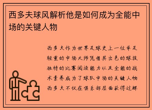 西多夫球风解析他是如何成为全能中场的关键人物 西多夫球风解析他是如何成为全能中场的关键人物