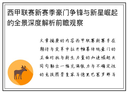 西甲联赛新赛季豪门争锋与新星崛起的全景深度解析前瞻观察