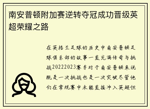 南安普顿附加赛逆转夺冠成功晋级英超荣耀之路