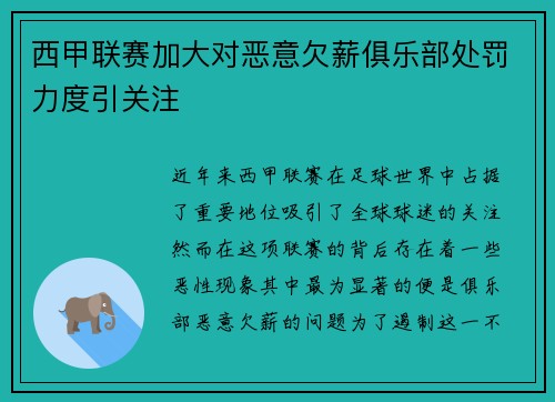 西甲联赛加大对恶意欠薪俱乐部处罚力度引关注 西甲联赛加大对恶意欠薪俱乐部处罚力度引关注